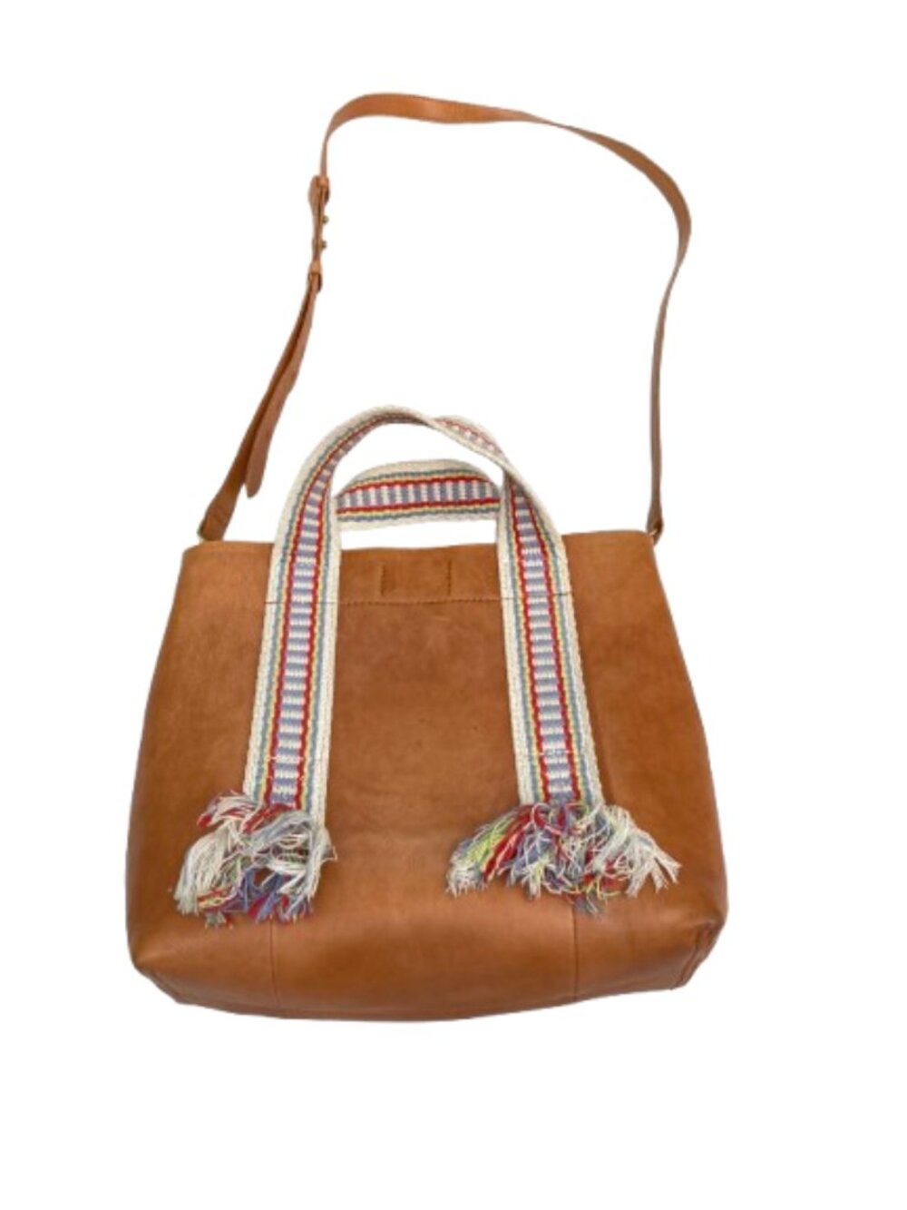 Madewell Transport Tote Leather Bag Woven Fringe Handles and Crossbody Strap Tan